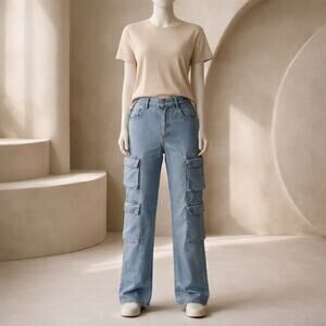 Unbranded Youth Cargo Jeans Size 14Y Blue Denim Multi‑Pocket Straight Leg New